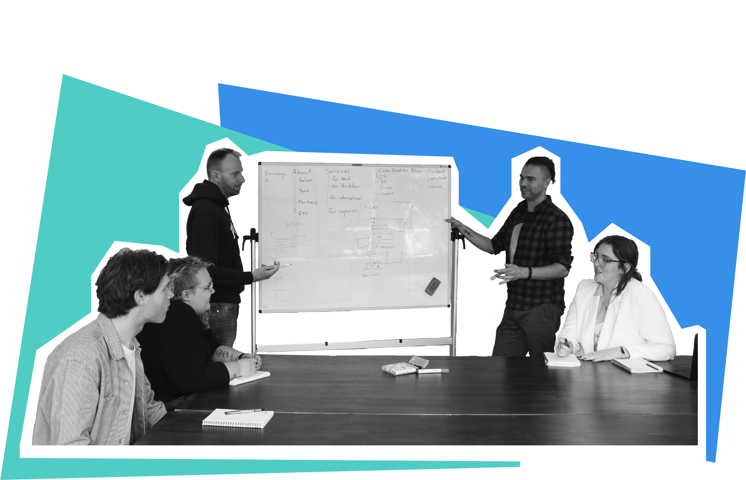 2 men presenting work on a whiteboard to a team of people